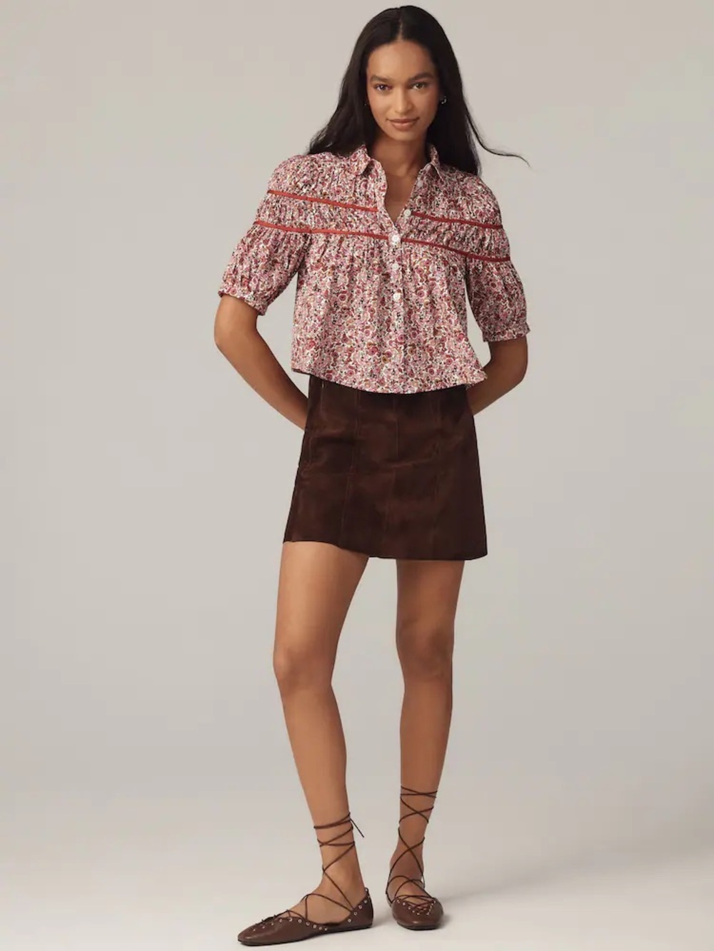 Maeve Floral Button-Front Puff-Sleeve Top in Burgundy and Pink - Picture 6 of 6